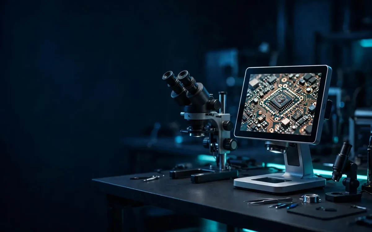 Focara website — digital microscope on a workbench