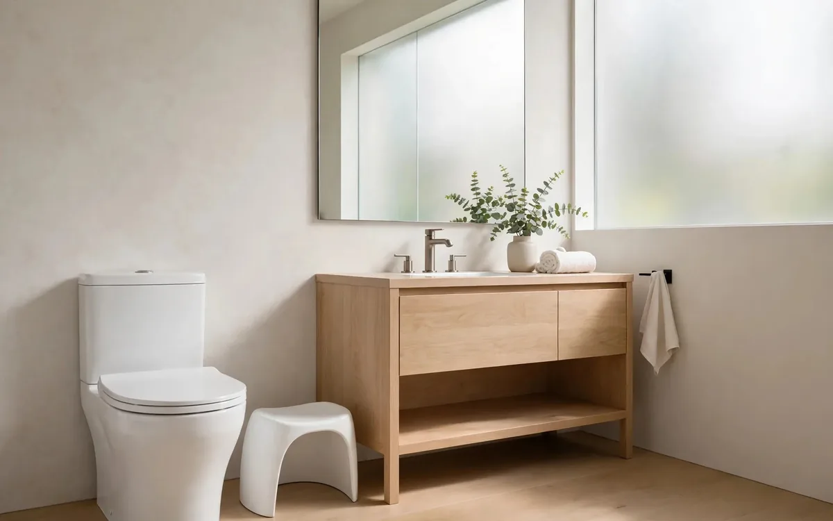 SquatEase website — toilet footstool in a modern bathroom