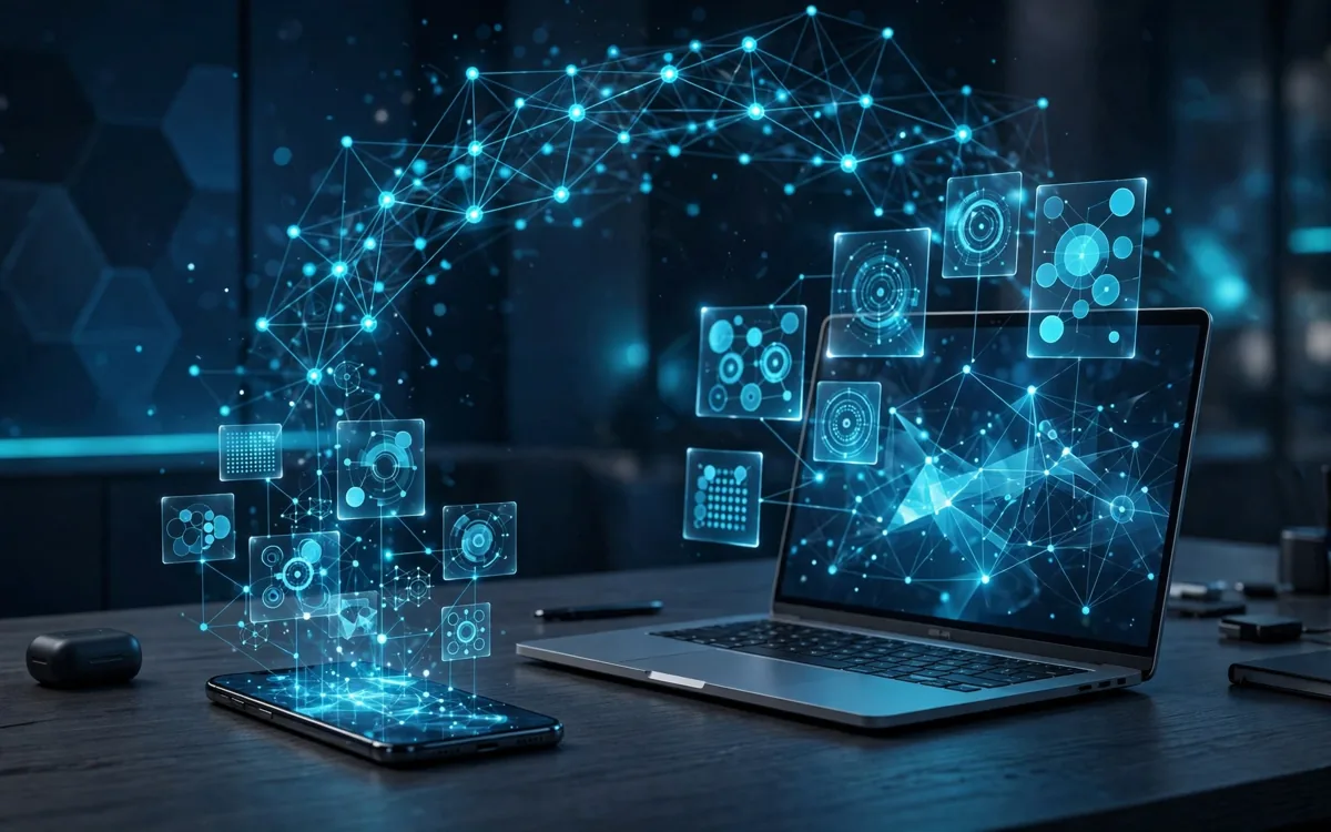 Laptop and phone with a glowing AI network of answer cards above them