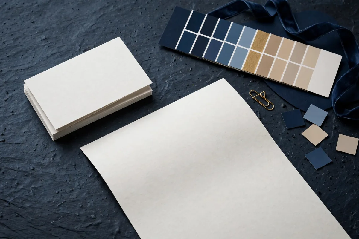 Brand identity design materials with logo sketches and colour swatches