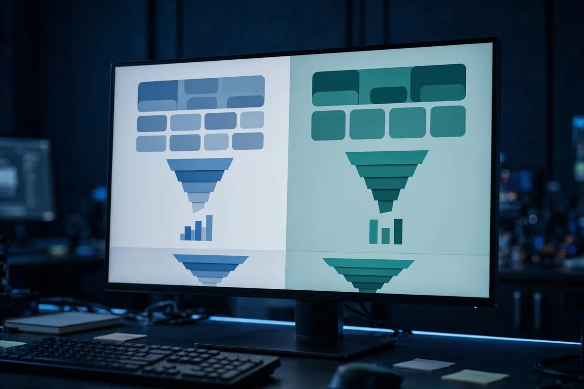 Conversion testing dashboard with funnel and experiment results