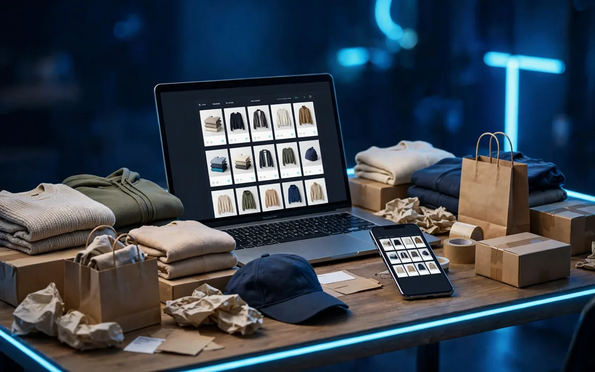 Online clothing store on a laptop and phone surrounded by products and parcels