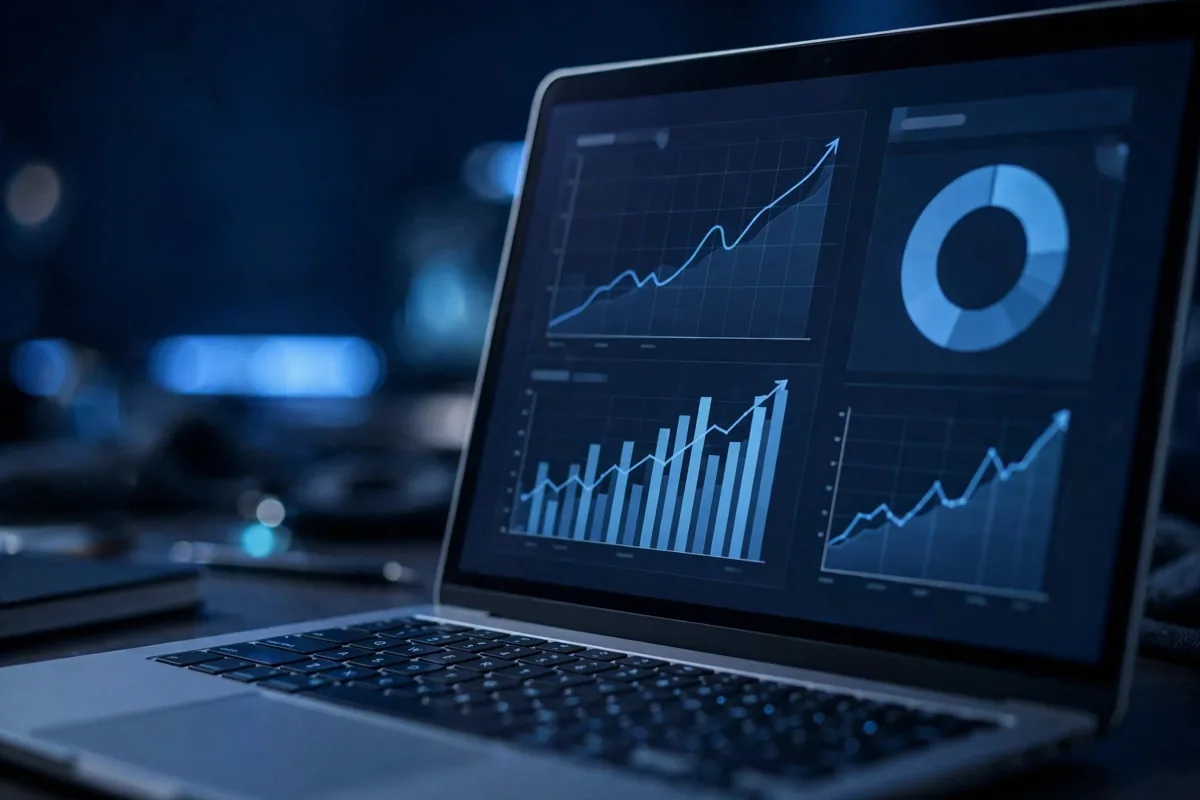 SEO analytics dashboard with rising rankings and traffic charts on a laptop
