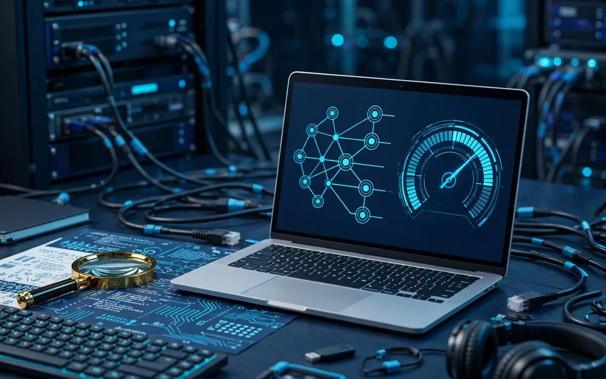 Laptop with website structure diagram and speed gauge beside server equipment